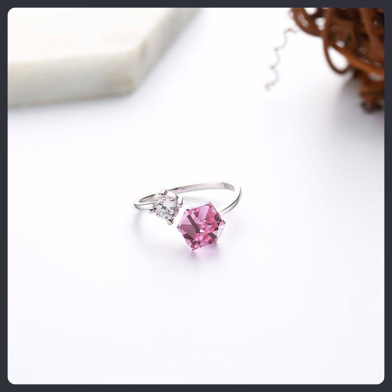 Unique Pink Crystal ZC Adjustable Ring sterling silver 925 plated 316L Main image